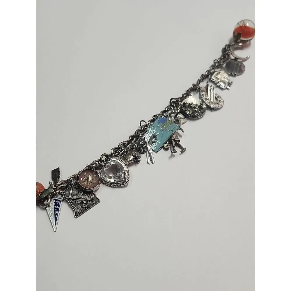 Vintage Sterling Silver Charm Bracelet With Various Sterling Charms